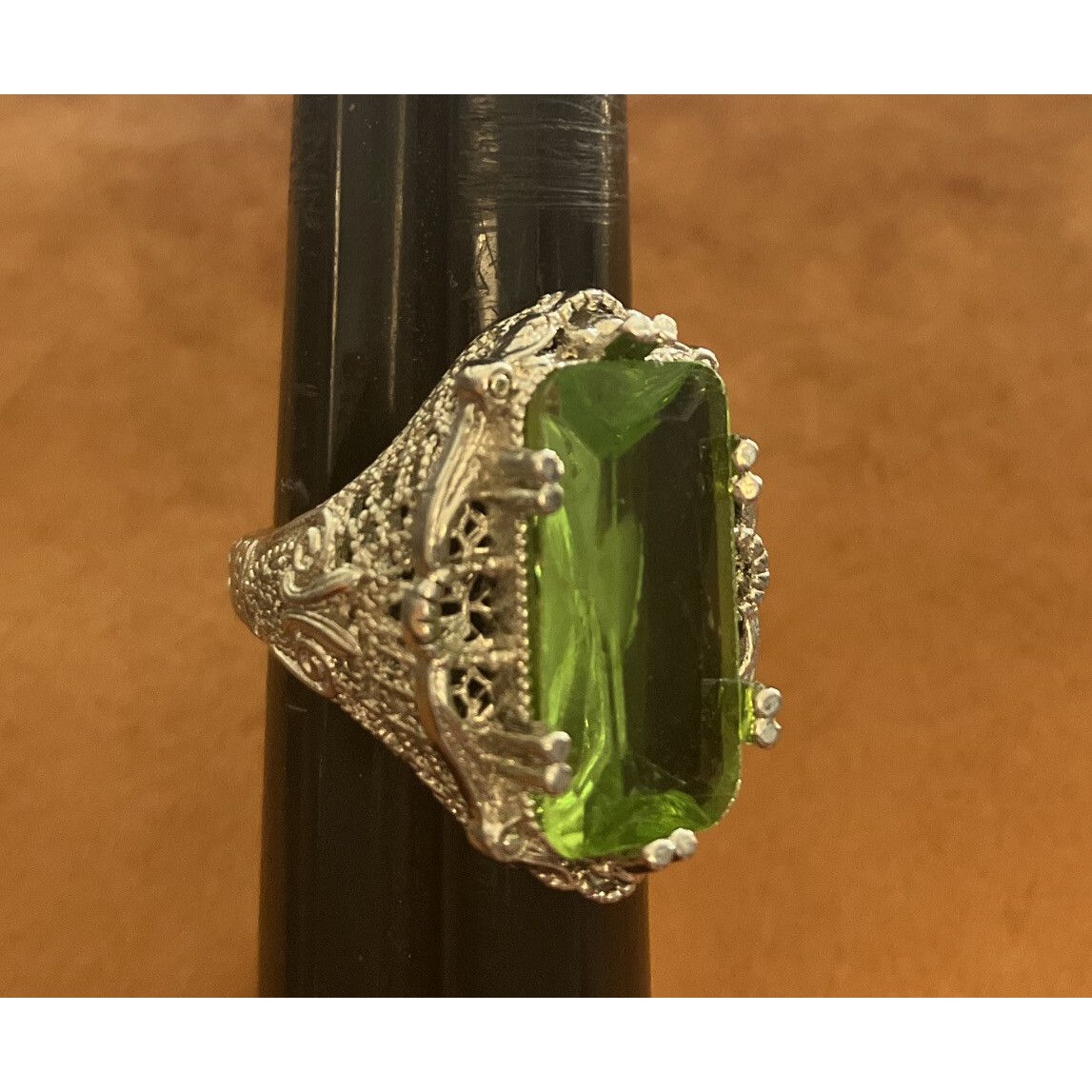 Art Deco Style Peridot Large Green Glass Sterling Silver Filigree Ring Size 75 25$
